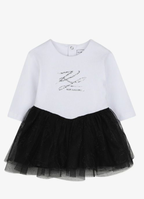 KARL LADGERFELD tulle-skirt logo-print long-sleeve cotton dress