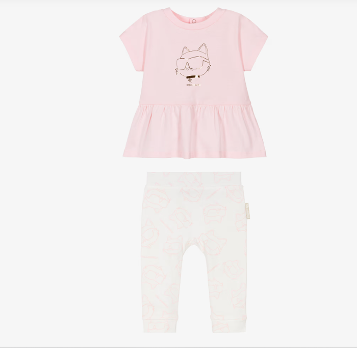 KARL LAGERFELD Baby Girls Pink Cotton Top & Leggings Set with Choupette Logo