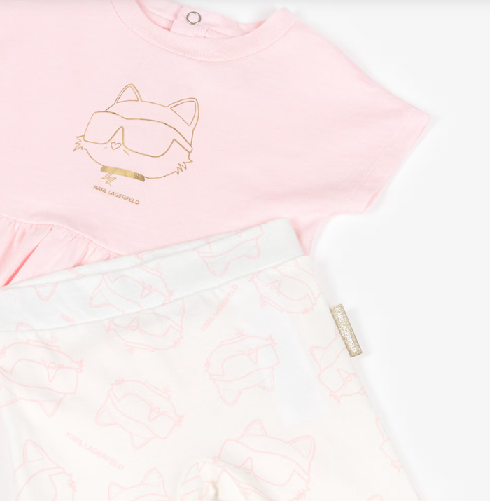 KARL LAGERFELD Baby Girls Pink Cotton Top & Leggings Set with Choupette Logo