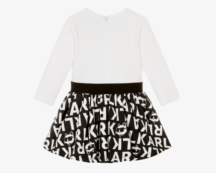 KARL LAGERFELD Girls Black & White Cotton Dress with Logo Print
