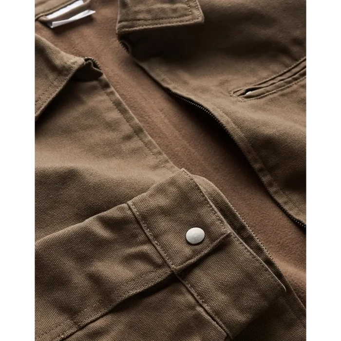 Keely canvas jacket in brown with white button chest pocket perfect for durable workwear and work uniforms