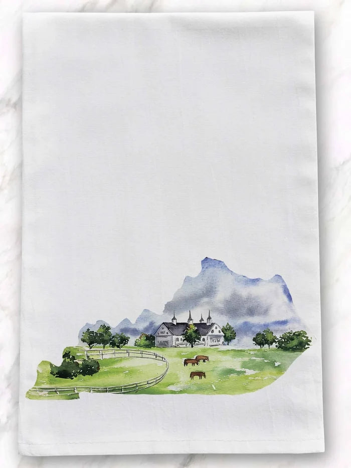 Kentucky Horse Farm Watercolor Tea Towel