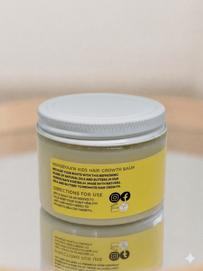 Jar of Kids Hair Growth Balm with natural butter and oils for nourishing scalp and promoting healthy hair growth