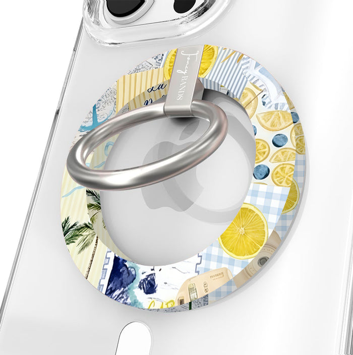 La Dolce Summer MagSafe phone grip ring with Mediterranean lemon, blueberry, blue gingham, and coastal travel lifestyle collage pattern compatible with iPhone and Samsung
