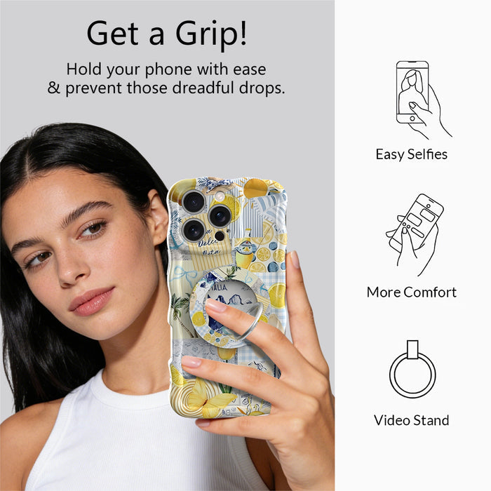 La Dolce Summer MagSafe phone grip ring with Mediterranean lemon, blueberry, blue gingham, and coastal travel lifestyle collage pattern compatible with iPhone and Samsung