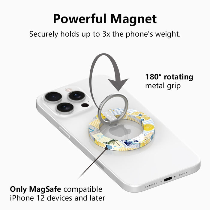 La Dolce Summer MagSafe phone grip ring with Mediterranean lemon, blueberry, blue gingham, and coastal travel lifestyle collage pattern compatible with iPhone and Samsung