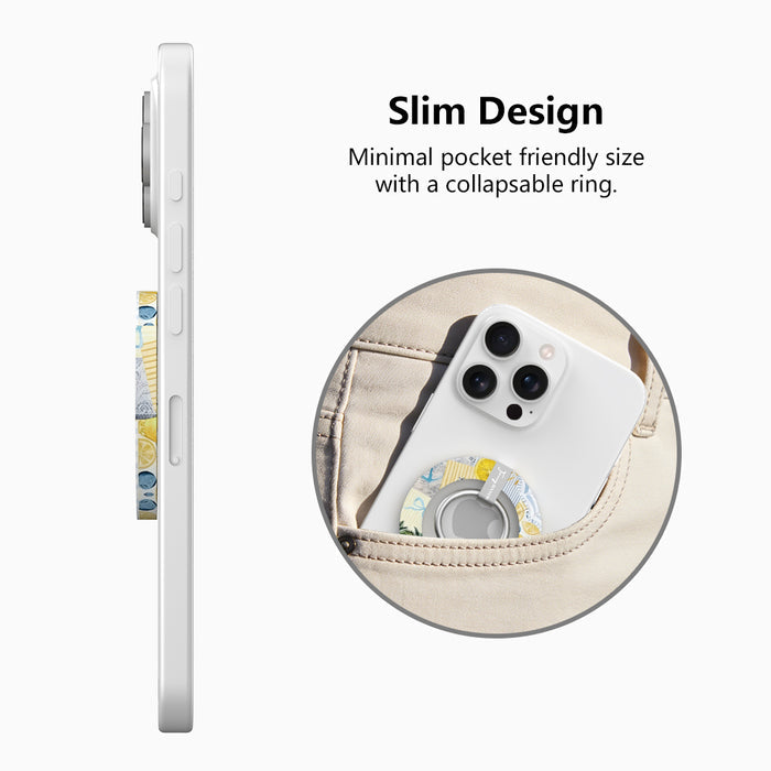 La Dolce Summer MagSafe phone grip ring with Mediterranean lemon, blueberry, blue gingham, and coastal travel lifestyle collage pattern compatible with iPhone and Samsung