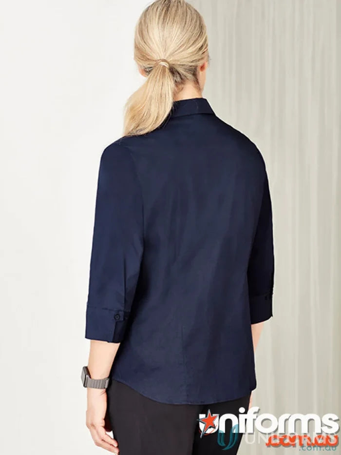 Navy blue womens Monaco shirt with French cuffs and tailored fit for Ladies Bentleigh 3Q Shirt