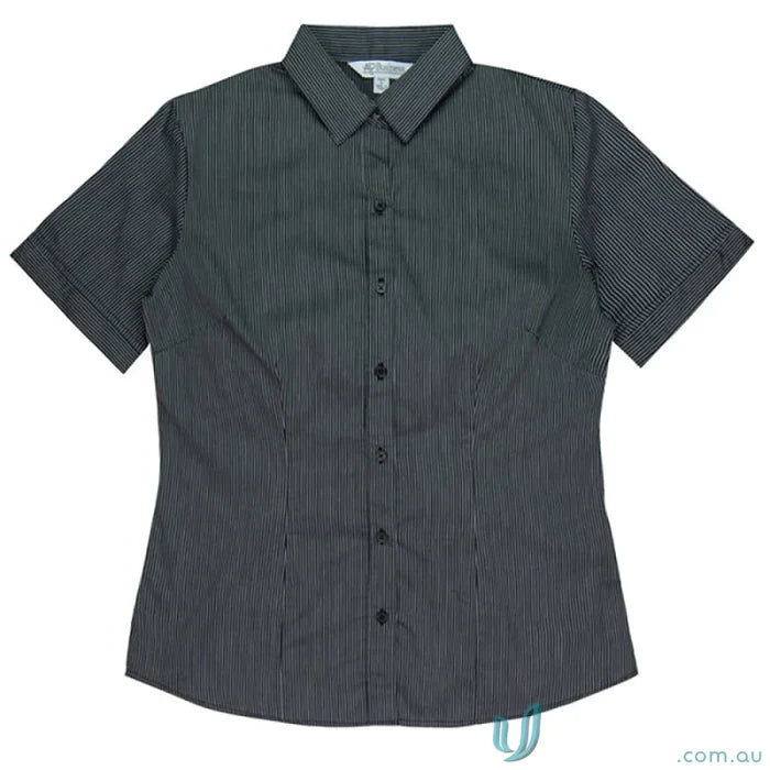 Ladies Henely S/S Shirt with striped cuff details and flattering waist darts