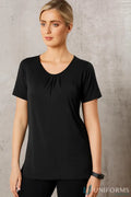 Ladies Julia black short sleeve top with gathered scoop neckline, perfect for winning spirit ladies
