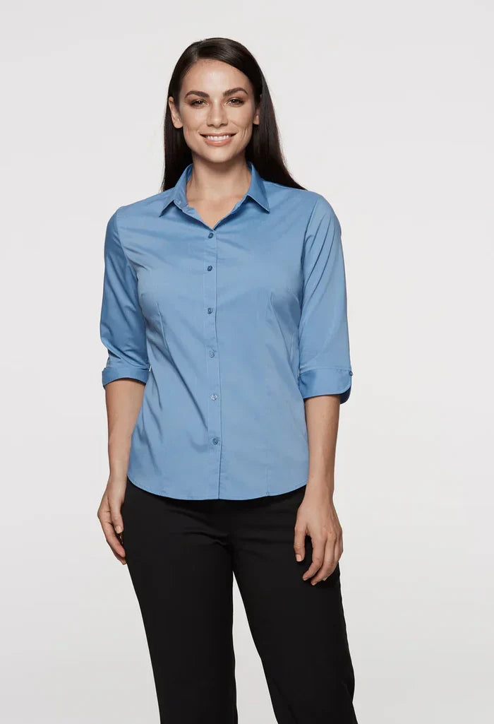 Ladies Mosman 3qtr shirt in light blue with rolled-up sleeves, workwear uniforms