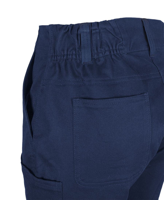 Back view of ladies multi pocket stretch twill short in dark navy blue cotton with elastic waistband and rear patch pocket
