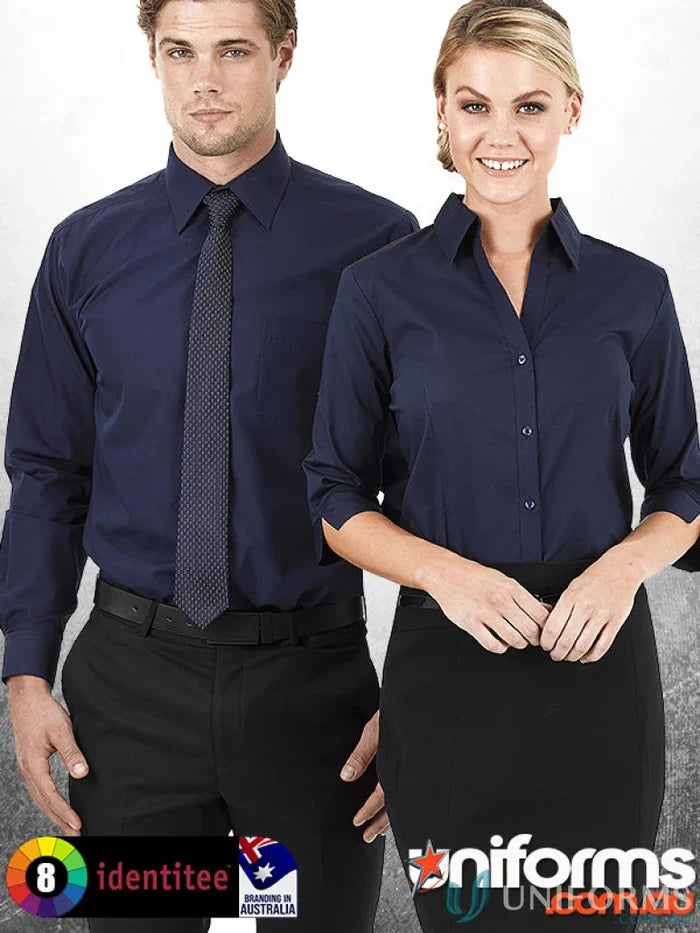 Happy models wearing navy blue Ladies Rodeo 3Qtr Sleeve Shirt with black pants and skirt