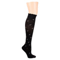 Knee-high black compression socks with a floral pattern and scalloped top.