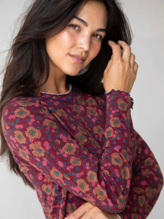 Lily Knit Cotton Long Sleeve Tee Shirt - Cranberry Brown Floral-view 2
