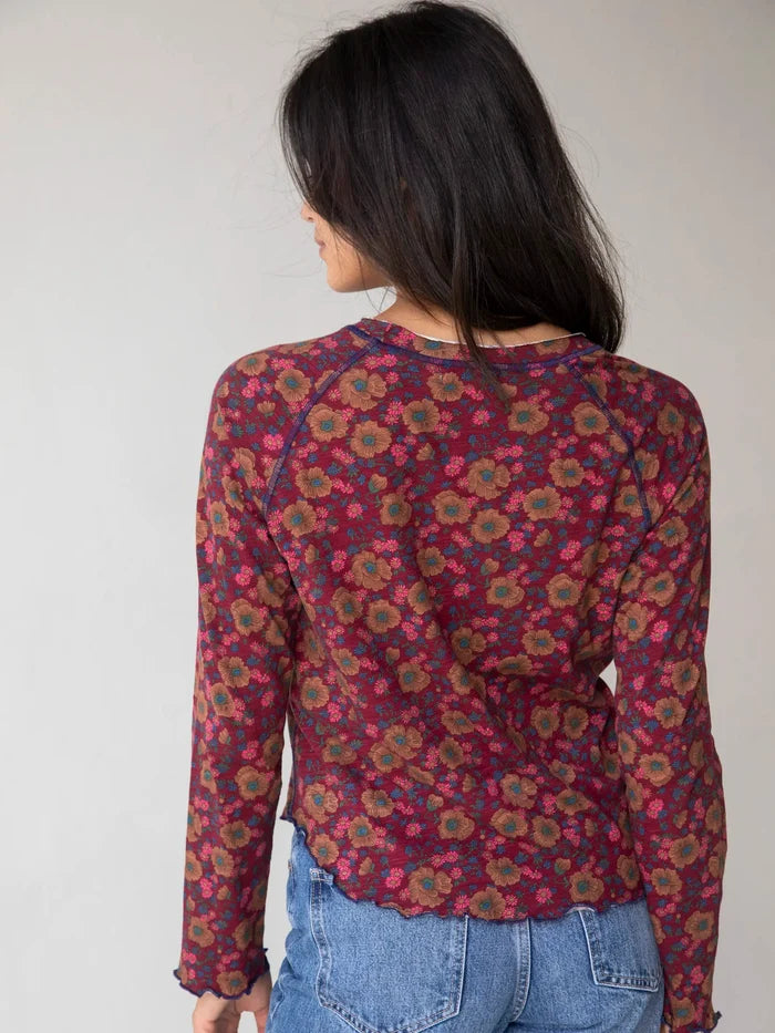 Lily Knit Cotton Long Sleeve Tee Shirt - Cranberry Brown Floral-view 3