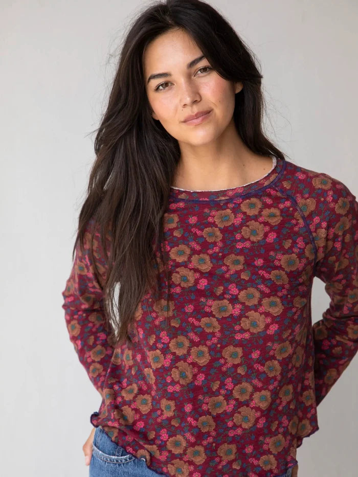 Lily Knit Cotton Long Sleeve Tee Shirt - Cranberry Brown Floral-view 4