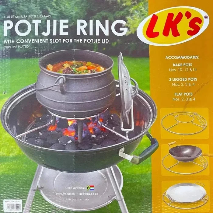 Chrome-plated LK Potjie Ring for 57cm USA kettle braais with pot lid slot, ideal for outdoor cooking