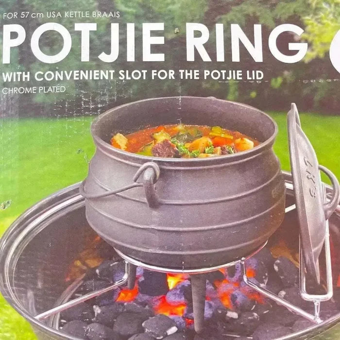 LK Potjie Ring chrome-plated for 57cm USA kettle braais with pot lid slot for outdoor cooking stability