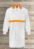 White long length dustcoat with orange trim and seam pockets for food production workers