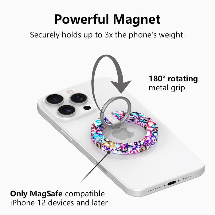 Love Out Loud colorful graffiti heart pattern MagSafe phone grip ring with overlapping neon pink purple and turquoise hearts compatible with iPhone and Samsung