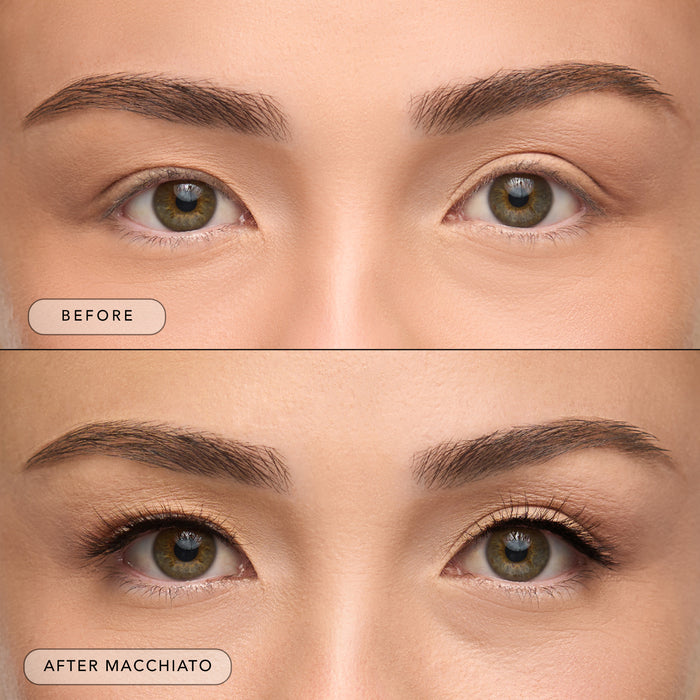 Before and after of a model wearing Macchiato lashes,
