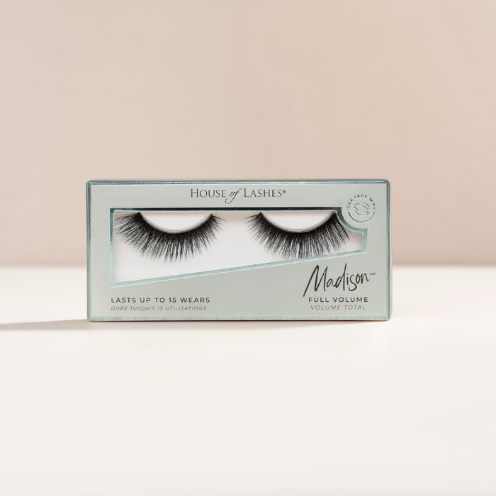 Madison full volume false lashes in pale blue box with clear window