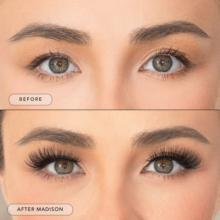 Close-up of eyes and eyebrows showing natural lashes before Madison lash application