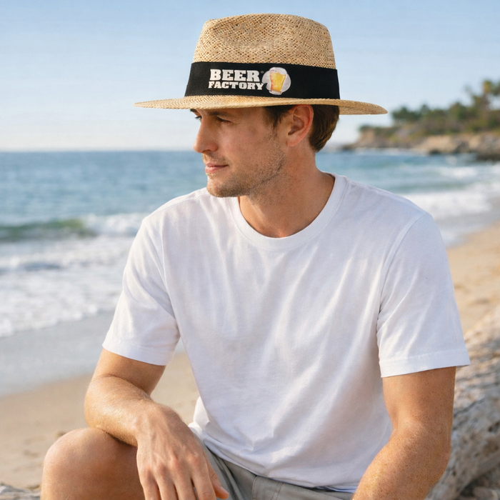Madrid style string straw fedora with beer factory logo imprint on black band