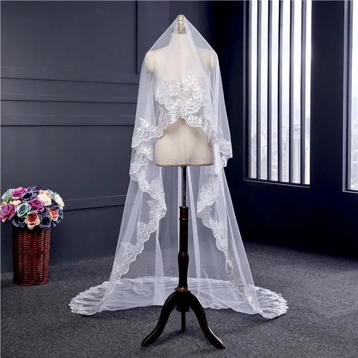 Wedding Veils - Lace Edge Cathedral Bridal Veil - Available in White and Ivory