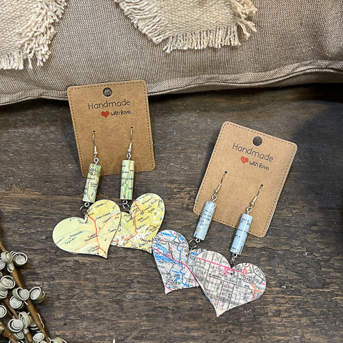 Map Heart Dangle Earrings