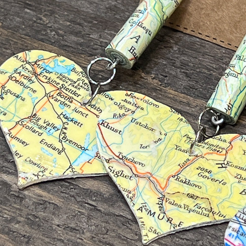 Map Heart Dangle Earrings