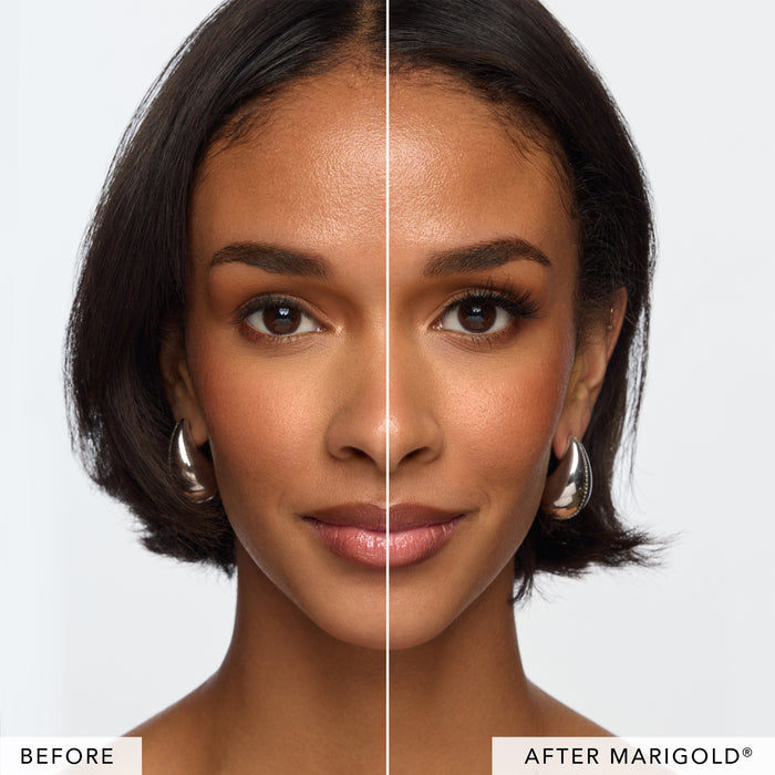 Before and after comparison of a woman's face showing Marigold makeup results