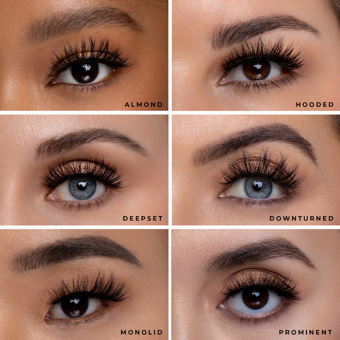 Close up collage of eyes showing different eyelid shapes almond hooded deepset monolid prominent