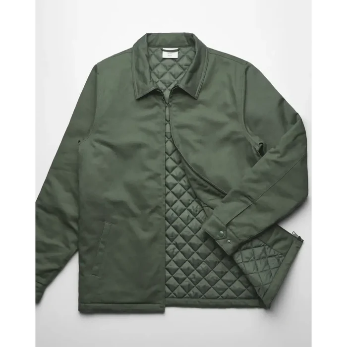 Olive green mark padded jacket with diamond quilted lining and snap-button cuffs ideal for work uniforms and workwear
