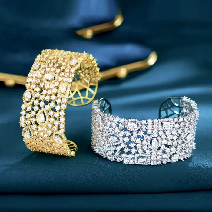 Wedding Jewelry - Cubic Zirconia Bridal Cuff Bracelet - Available in Silver and Gold