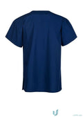 Navy blue medi8 unisex scrub top with short sleeves designed for comfortable workwear and professional uniforms