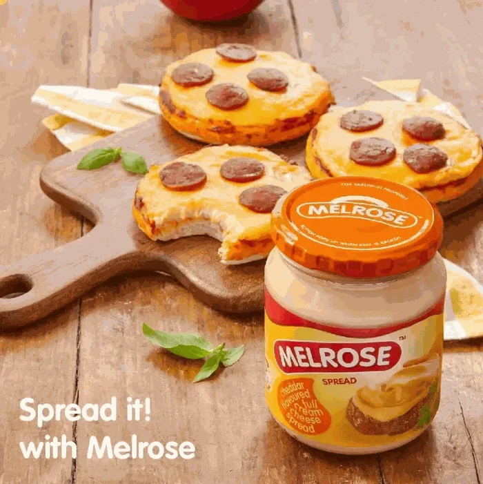 Melrose Processed Cheese Spread Cheddar 400g with biltong flavor, smooth and creamy texture, ideal for sandwiches and dips