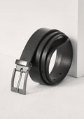 Mens leather belt with sleek matte black buckle
