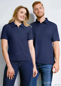 Two people wearing navy Micro Waffle Polo shirts from Biz Collection P3300 mens collection