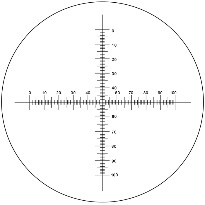 Microscope Eyepiece Reticle Cross Line Micrometer Ruler, Dual Axis Crosshair Scale Dia. 16mm, 10mm/100 Div., SKU RT20104201, three quarter front view