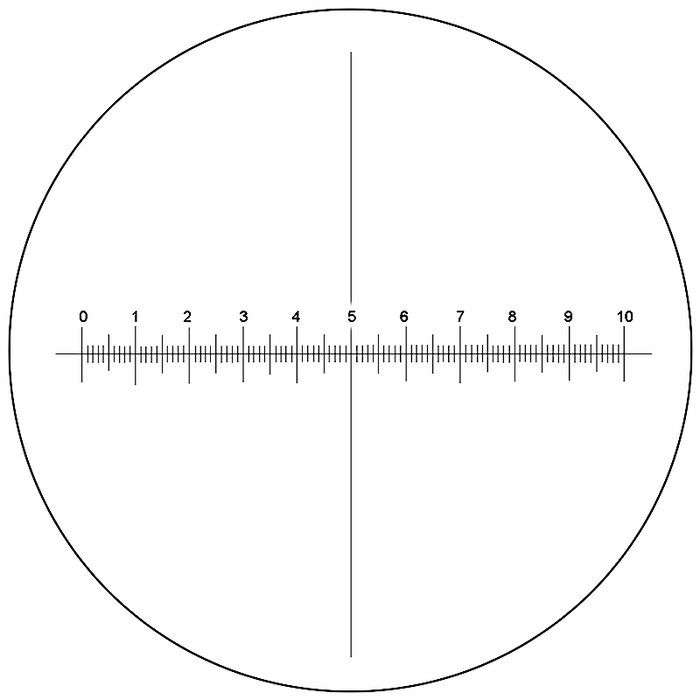 Microscope Eyepiece Reticle Cross Line Micrometer Ruler, X-Axis Crosshair Scale Dia. 16mm, 10mm/100 Div., SKU RT20103201, three quarter front view