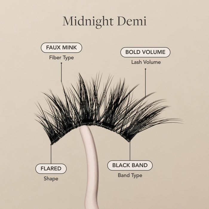 Midnight Demi false eyelash with faux mink fibers, bold volume, flared shape, and a black band.