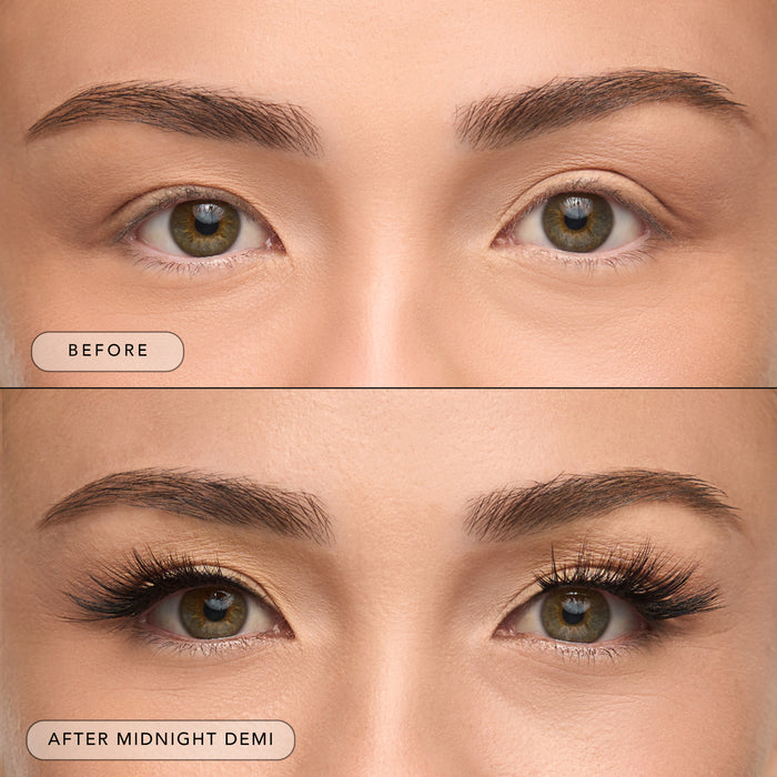 Close up of a model's eyes showing the Midnight Demi lash look with defined lashes