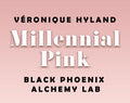 Product packaging with 'Véronique Hyland Millennial Pink' and 'Black Phoenix Alchemy Lab' on a pink background