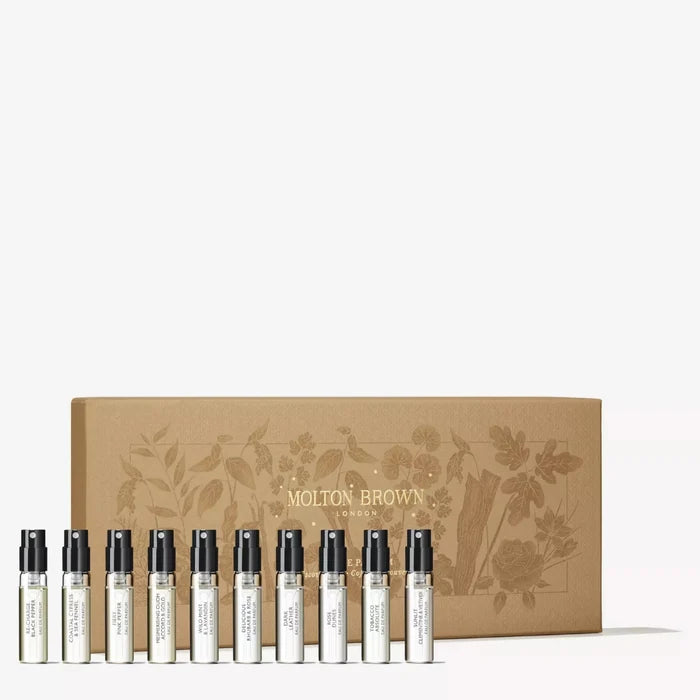 Set of Molton Brown perfume samples with a decorative box on a white background