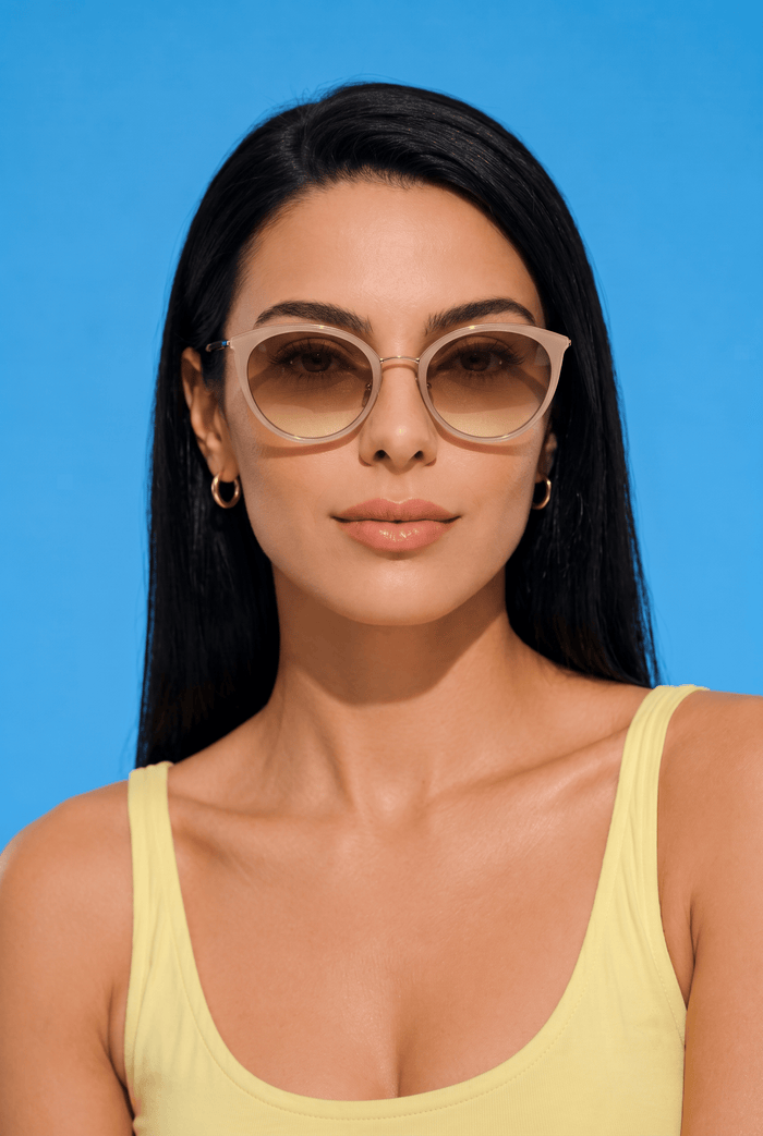 EyeCandys Monaco Round sunglasses model shot featuring stylish round sunglasses with UV protection, trendy women's fashion eyewear, designer-inspired shades for everyday wear, summer outfits, vacation, street style, retro-inspired fashion, and modern luxury looks.