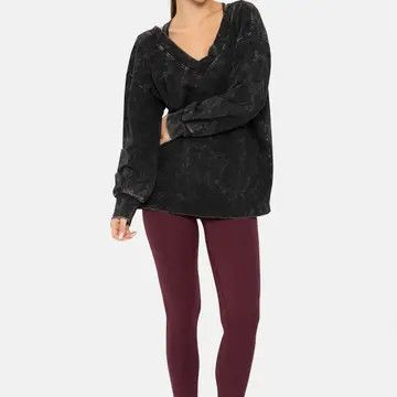 Mono B Mineral Wash Cotton Blend Deep V- Neck Long Sleeve