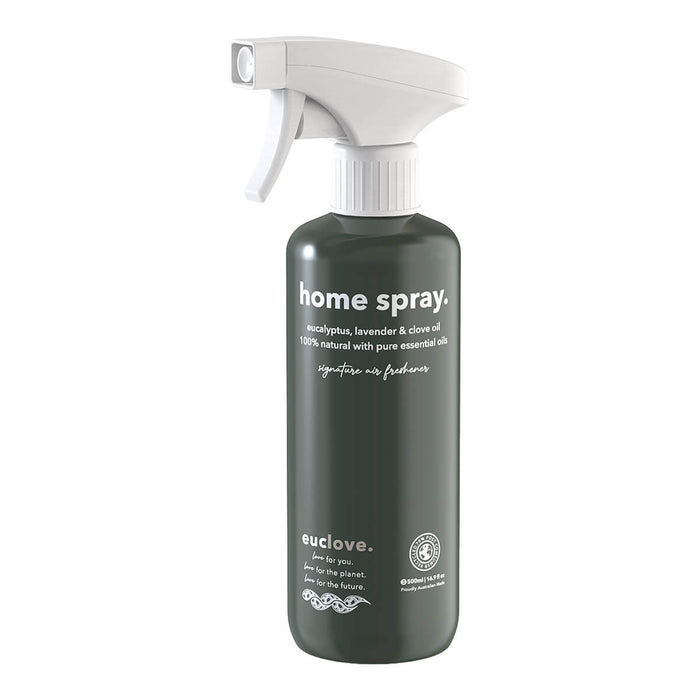 500ml spray bottle of Euclove Natural Home Spray Air Freshener in Signature scent, with eucalyptus, lavender, and clove oil.