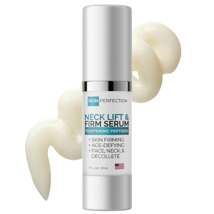 Skincare serum bottle labeled 'Neck Lift & Firm Serum' with a white background with a cream or beige cream smear